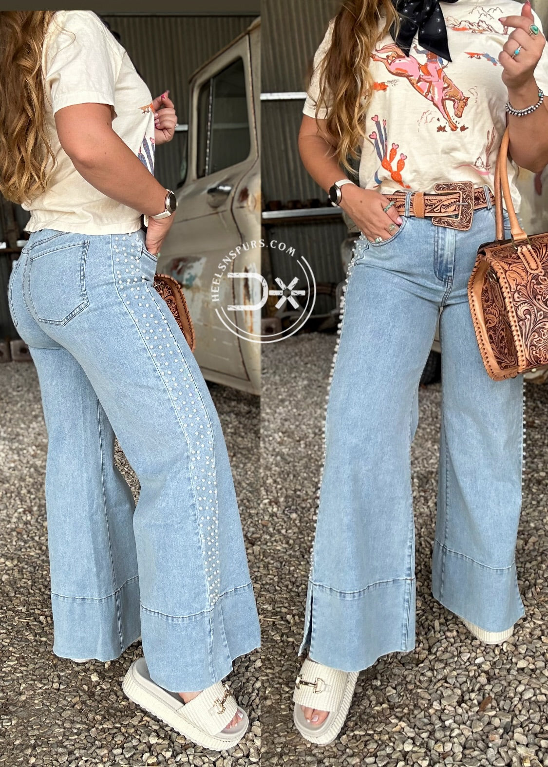 Pearl Studded Wide Leg Jeans