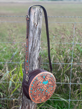 Load image into Gallery viewer, San Juan Tooled Round Crossbody ~ Natural &amp; Turquoise
