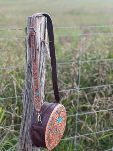 San Juan Tooled Round Crossbody ~ Natural & Turquoise