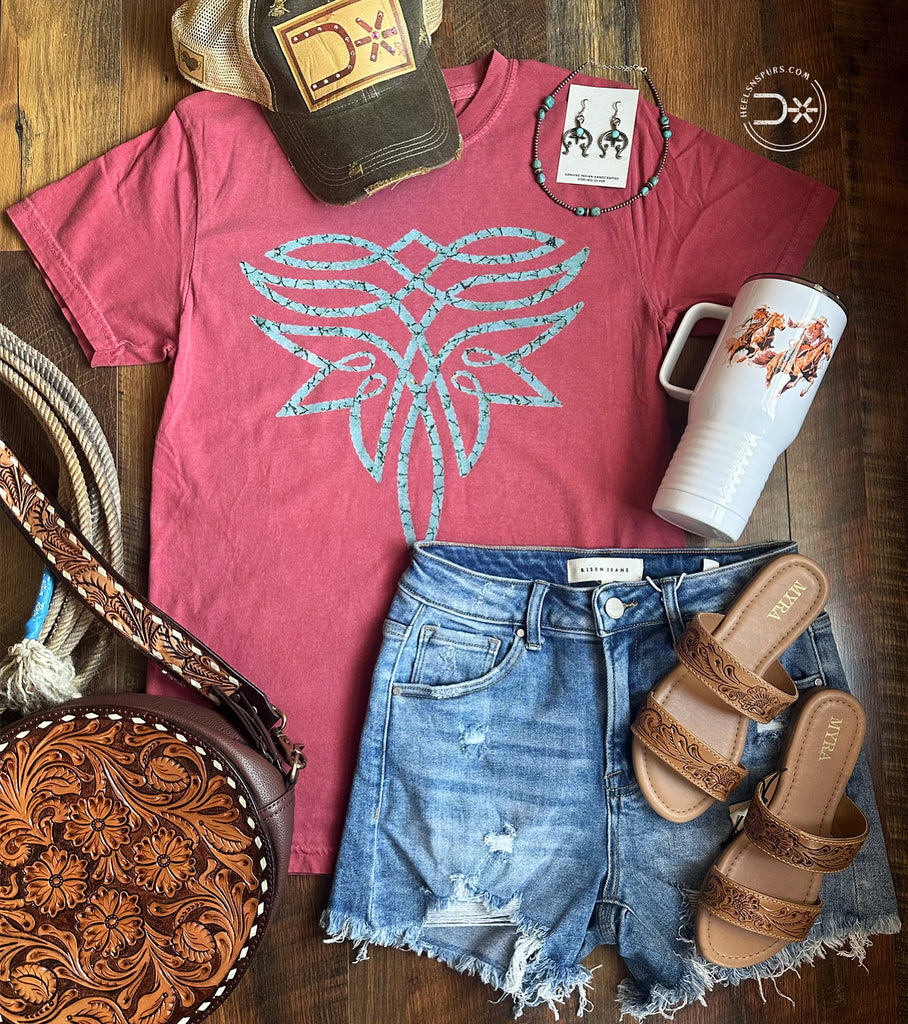 Turquoise Stone Boot Stitched Tee ~ Red