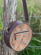 Load image into Gallery viewer, San Juan Tooled Round Crossbody ~ Natural &amp; Turquoise

