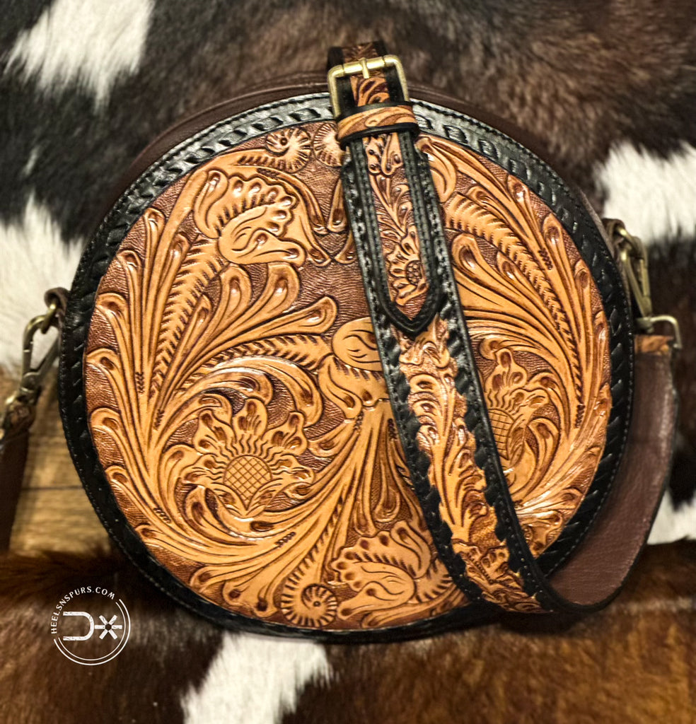 San Juan Round Tooled Crossbody ~ Natural & Black
