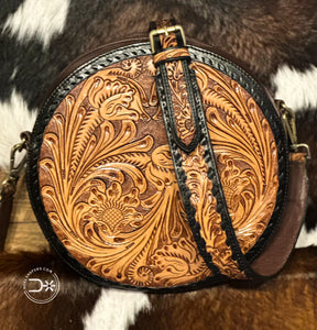 San Juan Round Tooled Crossbody ~ Natural & Black