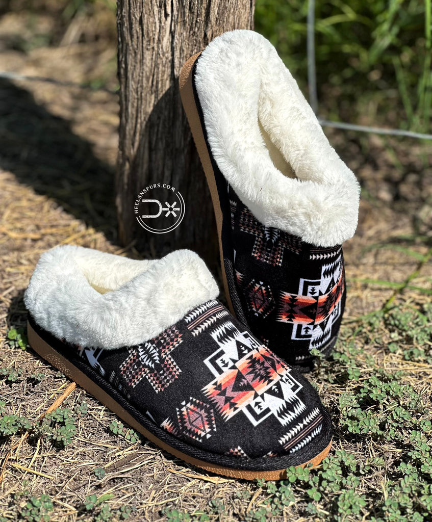 Black Aztec Slippers (With Back)