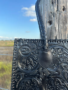 Santa Fe Leather Tooled Tote ~ Black