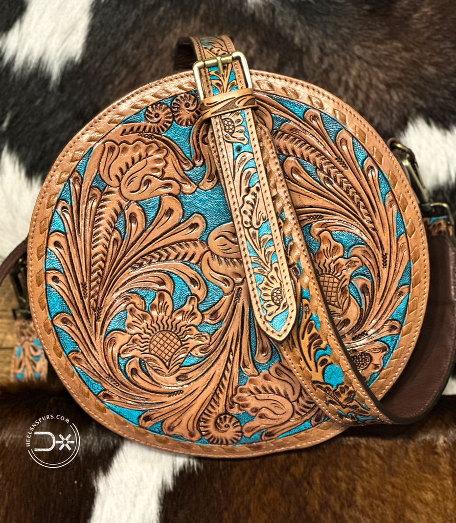 San Juan Tooled Round Crossbody ~ Natural & Turquoise