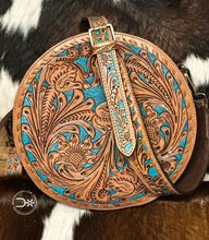 Load image into Gallery viewer, San Juan Tooled Round Crossbody ~ Natural &amp; Turquoise
