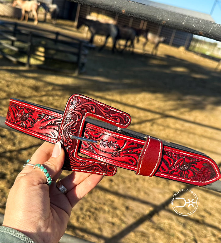 The Stockyards Tooled Belt ~ Vintage Red