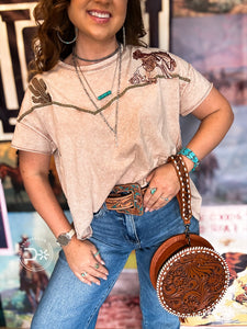 Western Embroidered Tee ~ Washed Brown