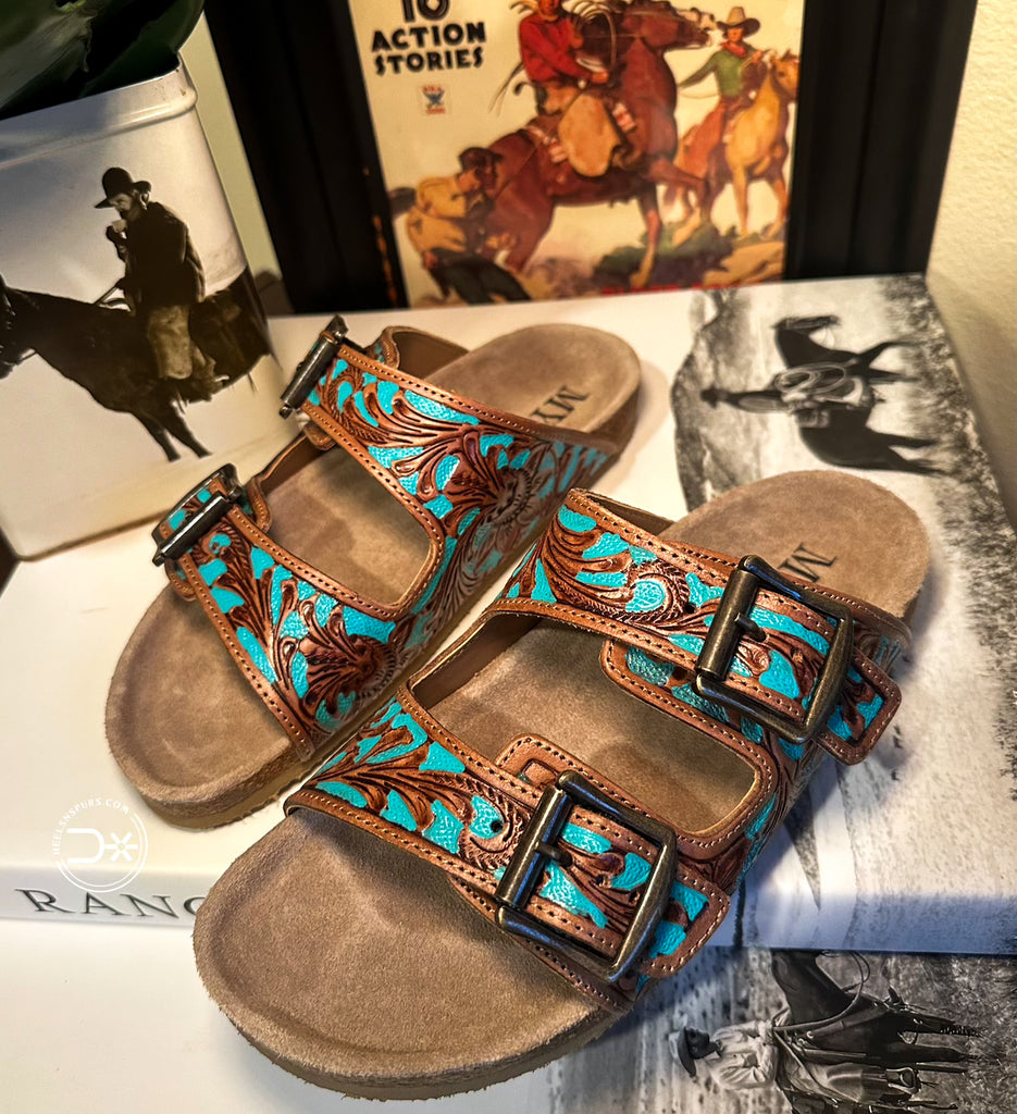 Tooled Buckle Sandals ~ Turquoise