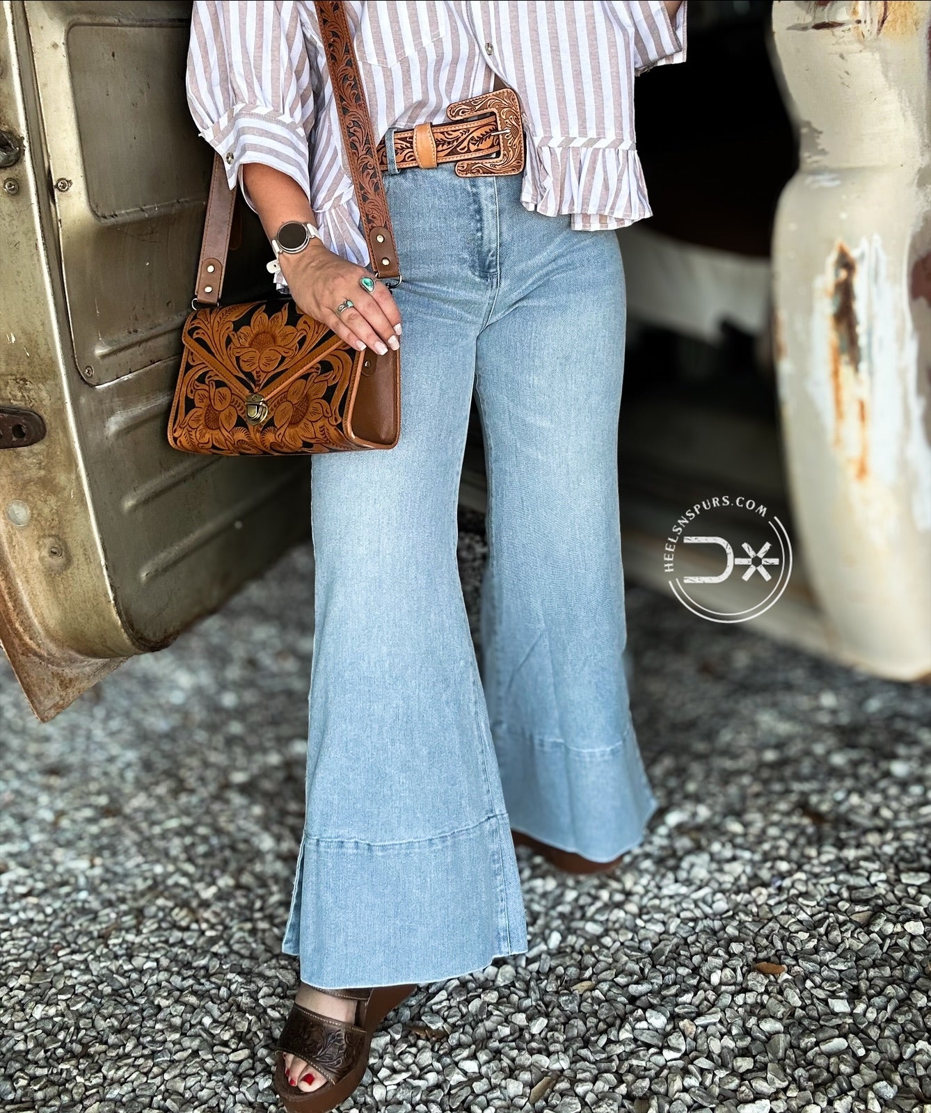 Wide Leg Flare Denim Jeans With Side Slits ~ Light Wash