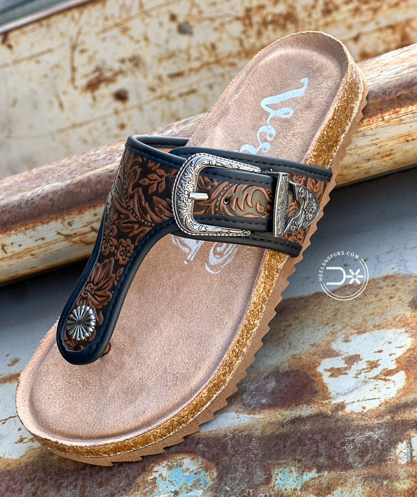 Texas Buckle Sandals ~ Black & Brown