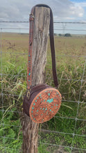 Load and play video in Gallery viewer, San Juan Tooled Round Crossbody ~ Natural &amp; Turquoise
