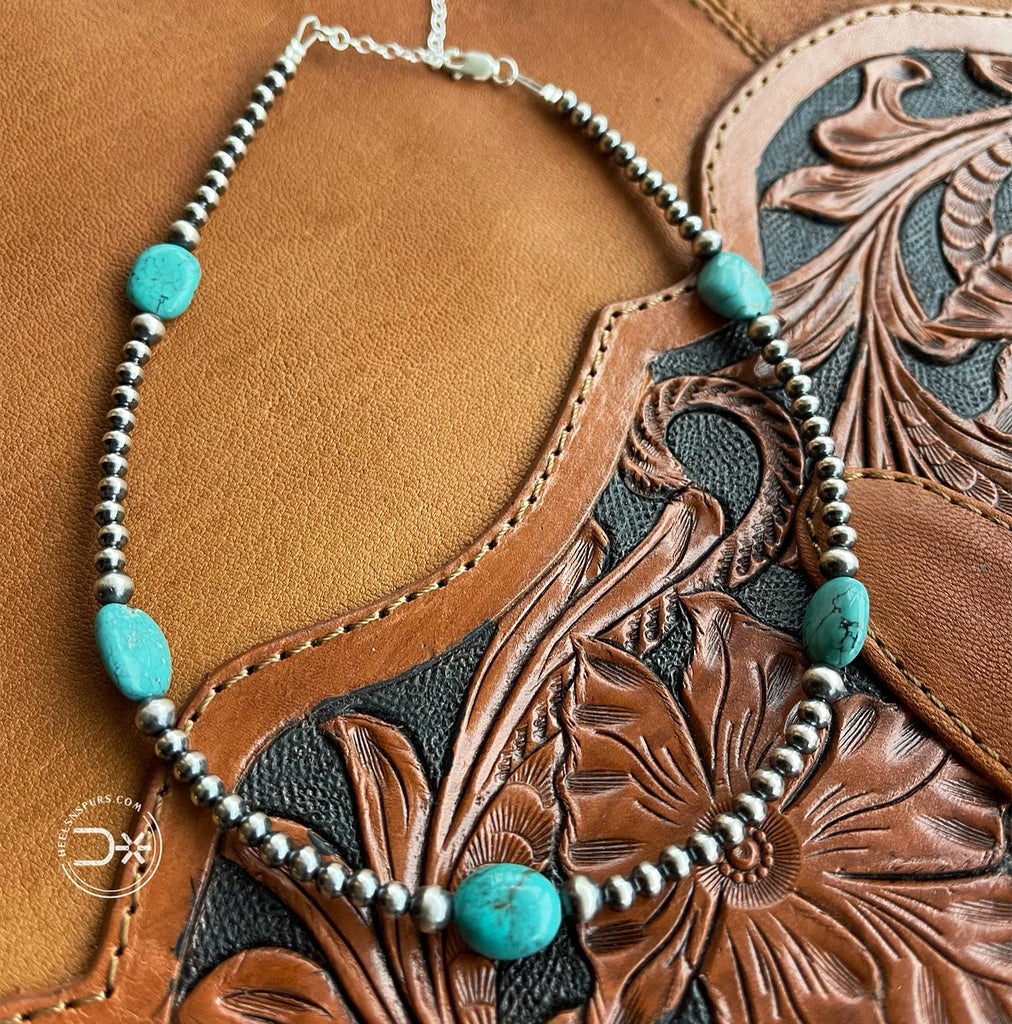 5 Turquoise Stone With Navajo Pearls Choker